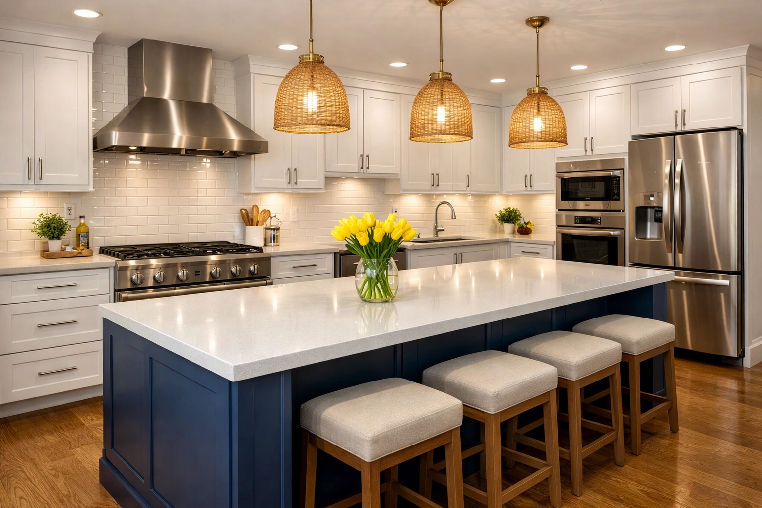 Spotless modern kitchen and island after a professional and stress-free weekly house cleaning in Franklin.