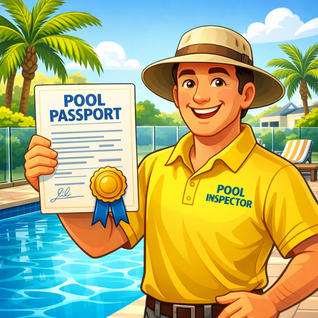 Friendly pool safety inspector Gold Coast holding an official Form 23 certificate by a safe swimming pool.
