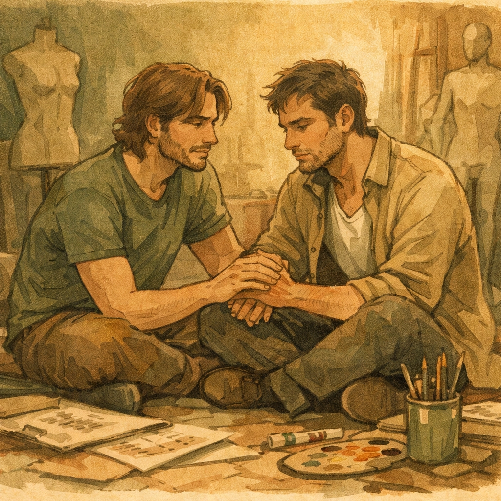 Gay couple in intimate conversation on studio floor, choosing human connection over control