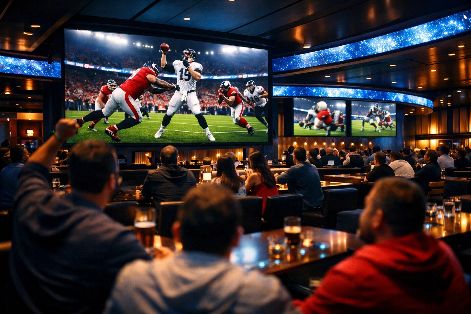 Modern sports lounge with integrated digital screens showcasing Dakdan's venue-based media solutions.