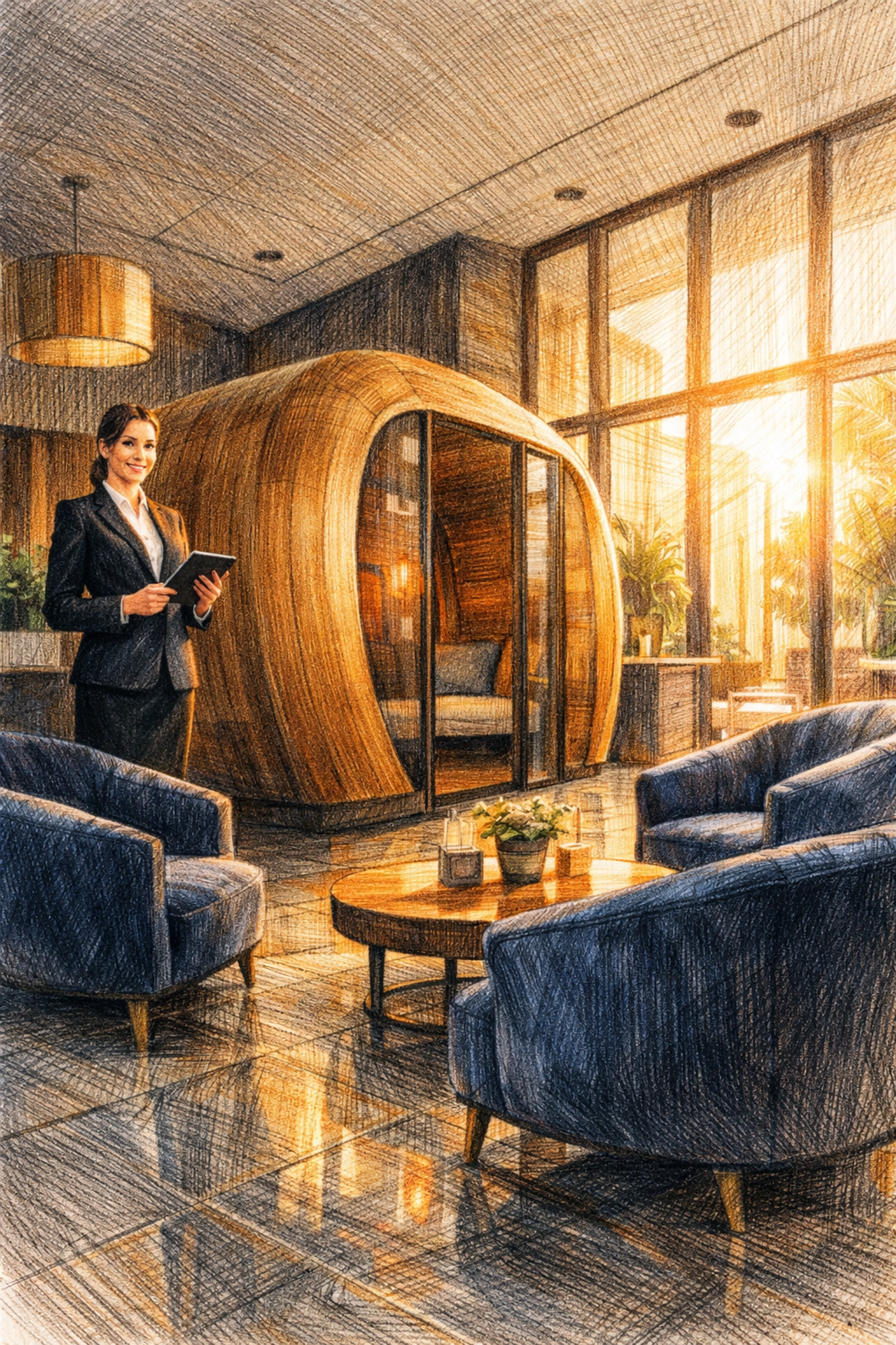 Modern open-concept hotel lobby with a minimalist reception pod and comfortable velvet seating.