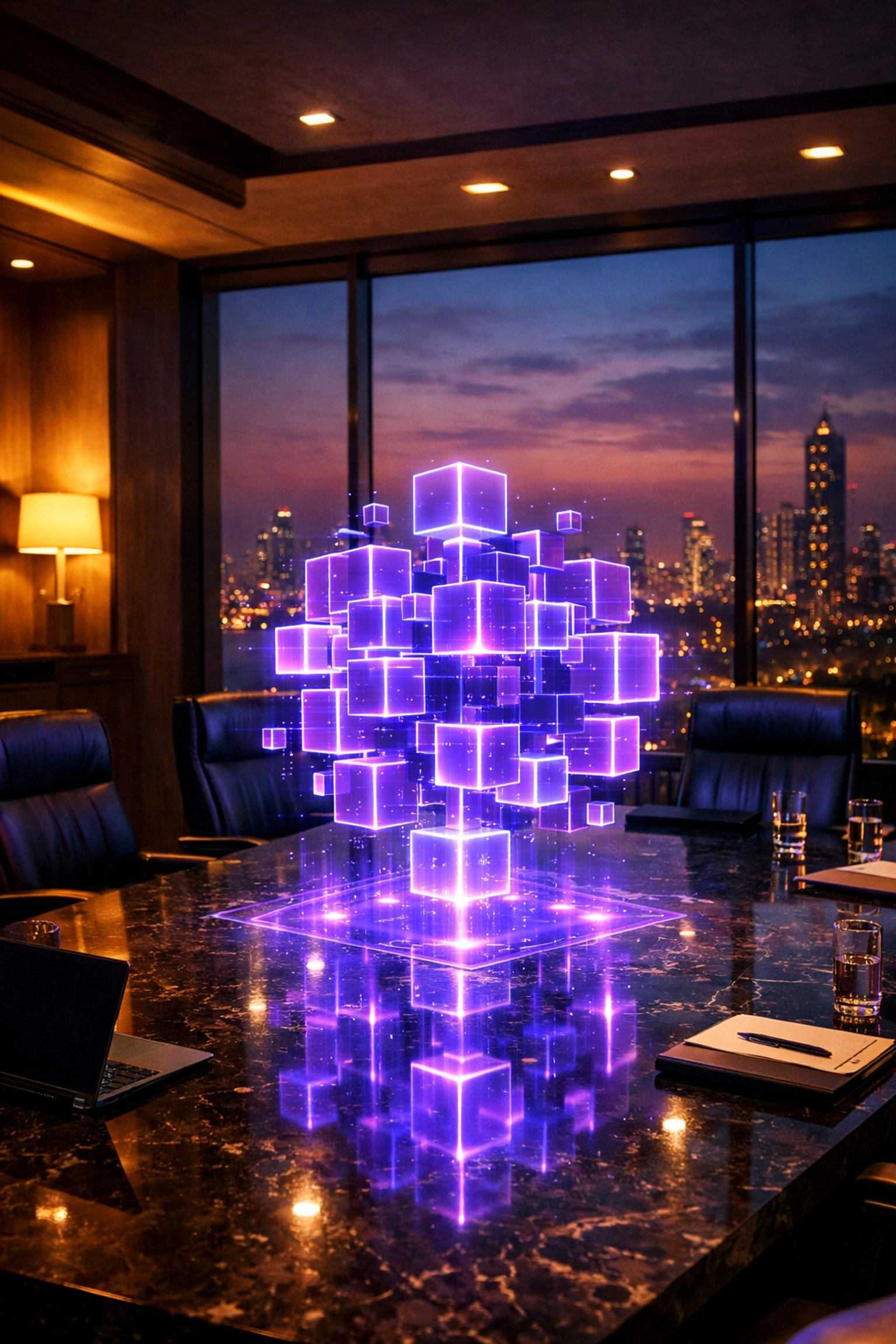 Holographic power core in a boardroom symbolizing scalable AI computing resources for Indian tech startups.