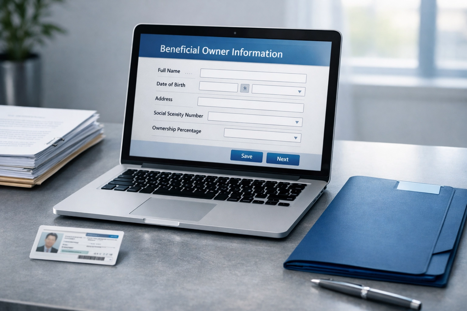 FinCEN beneficial owner reporting form with compliance documents for real estate investors