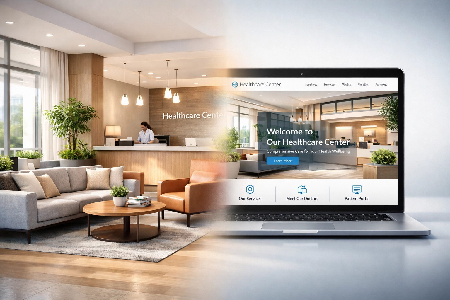 Healthcare facility lobby and website showing digital marketing visual trust