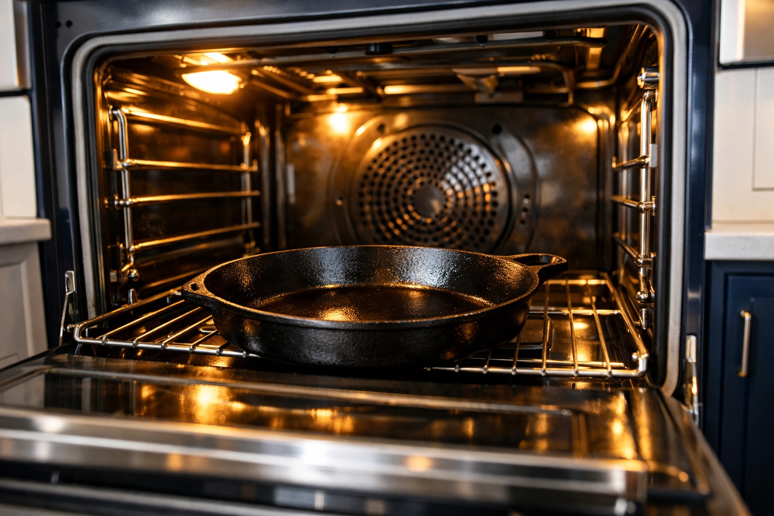 Seasoning a cast iron skillet inside a professional-grade oven for a non-stick finish.