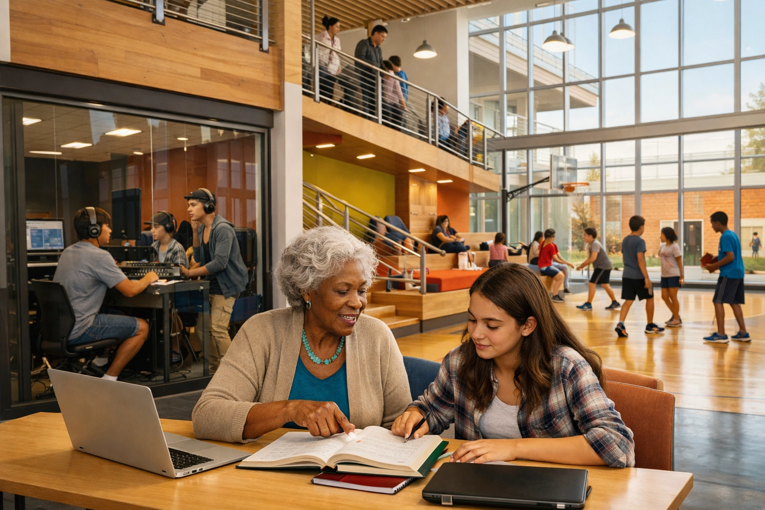 Intergenerational mentorship at Booker T. Washington Center showing seniors and youth in modern community space