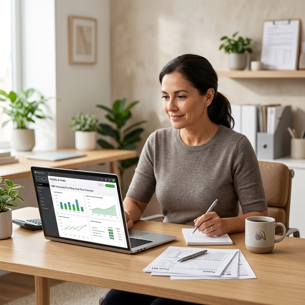 QuickBooks Online payroll dashboard on a laptop beside a calculator and coffee, representing automated payroll tax filing changes and cash flow planning for business owners.
