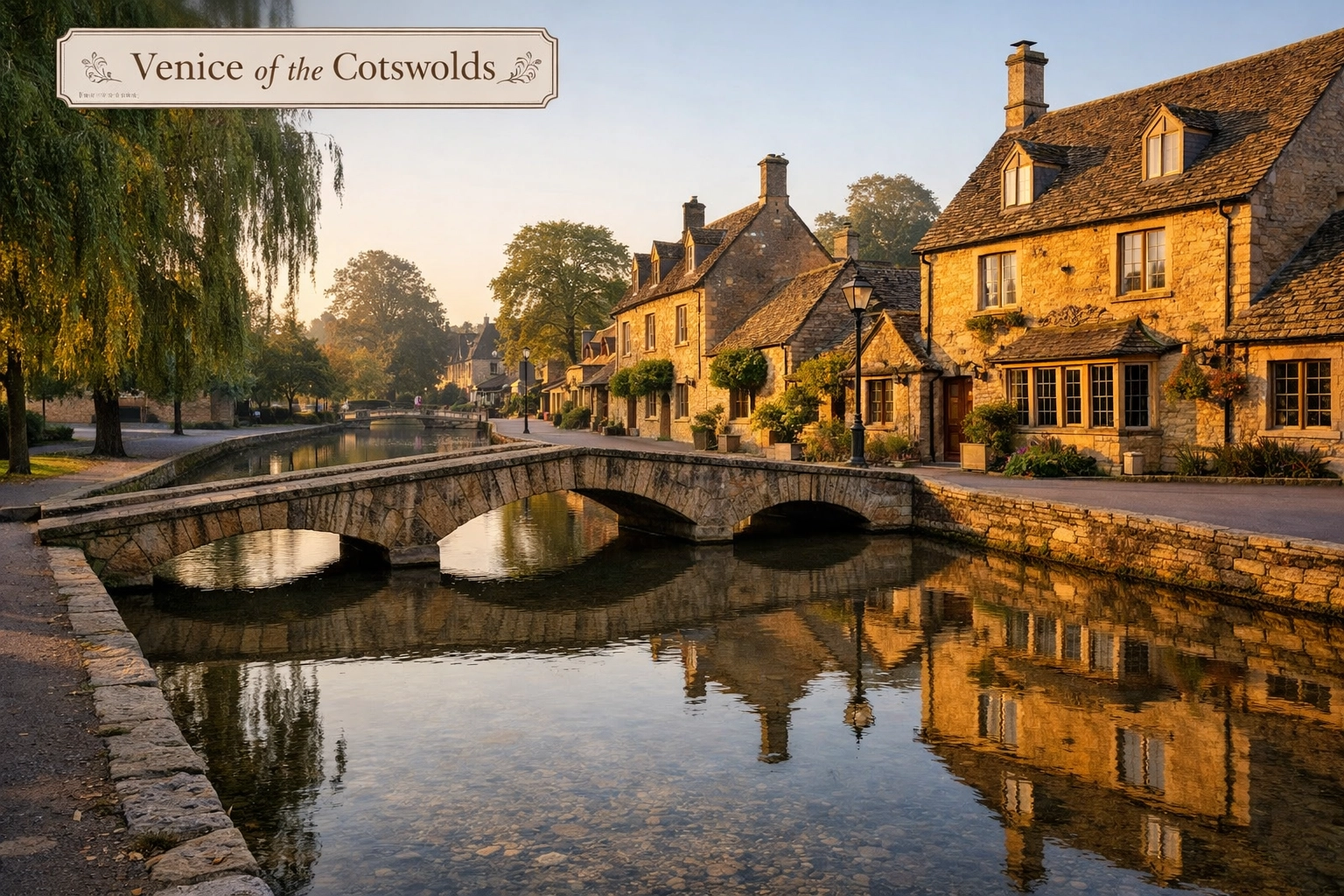 Iconic stone bridges over the River Windrush in Bourton-on-the-Water at sunrise.