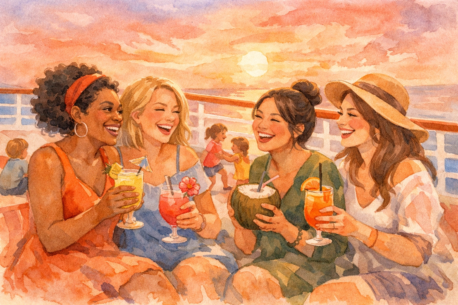 Single moms connecting on cruise ship deck at sunset creating community and friendships