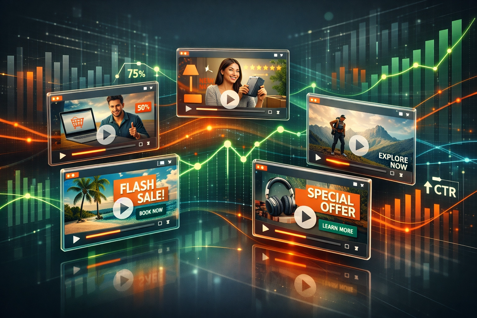 Digital marketing dashboard showing video ad creative A/B testing and performance data.