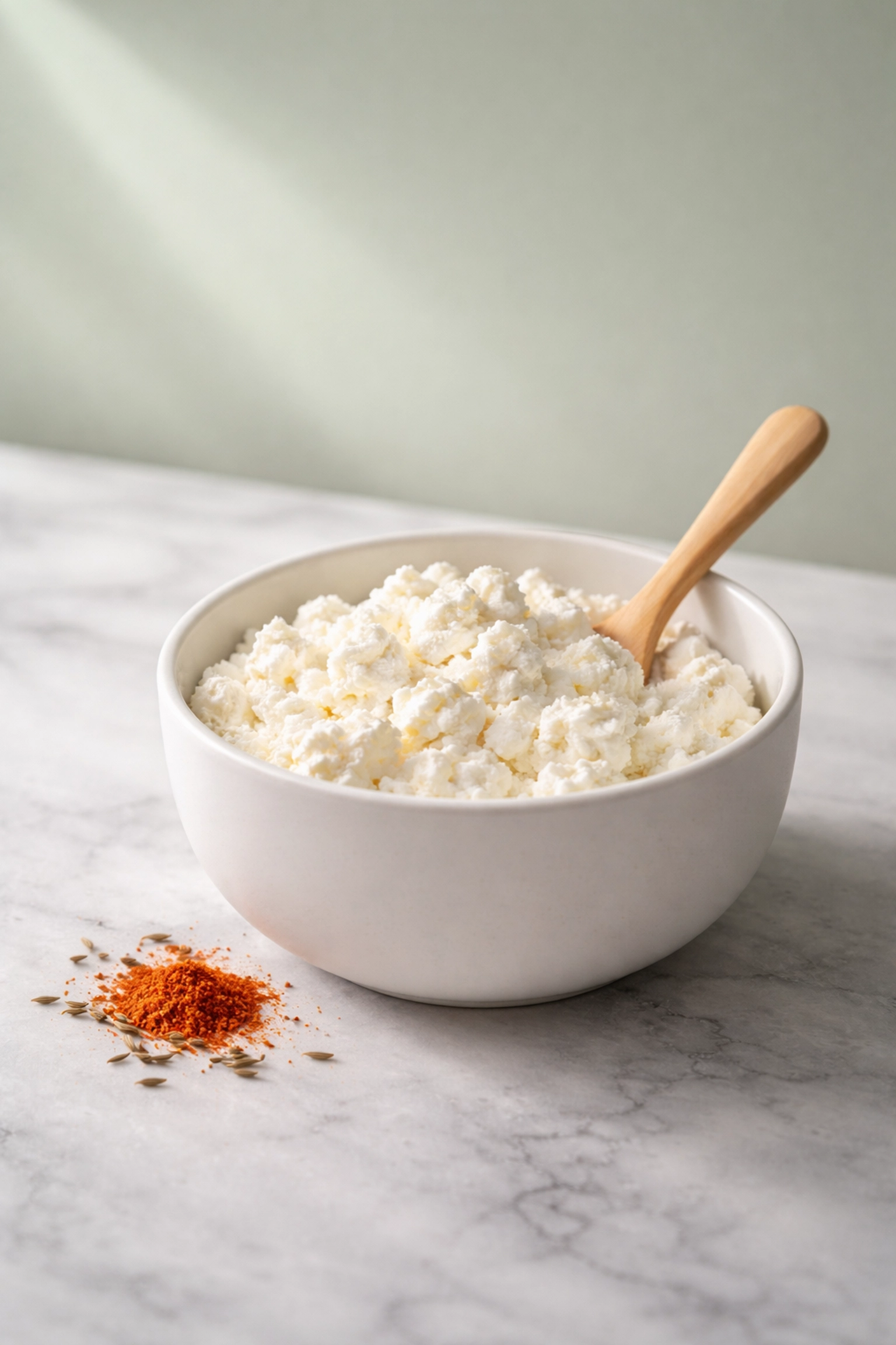 White ceramic bowl filled with creamy cottage cheese and taco seasonings for a high-protein keto recipe prep