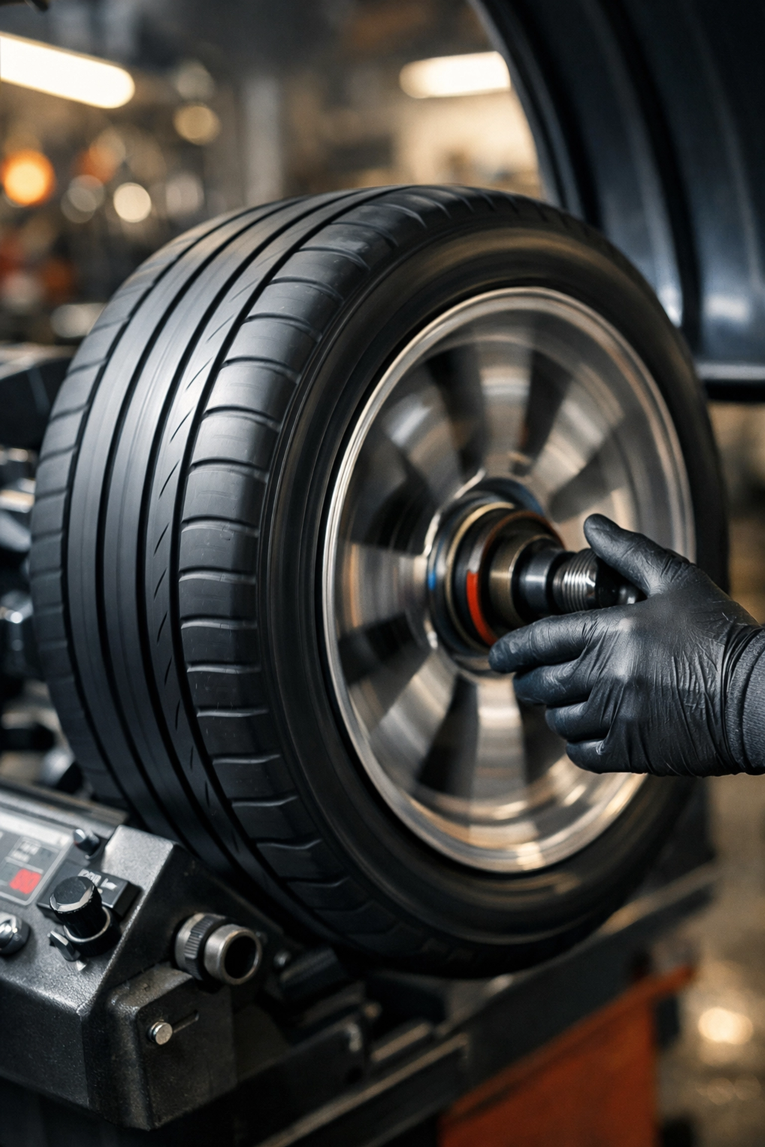 Professional technician performing wheel balancing to prevent uneven tire wear and vibrations.
