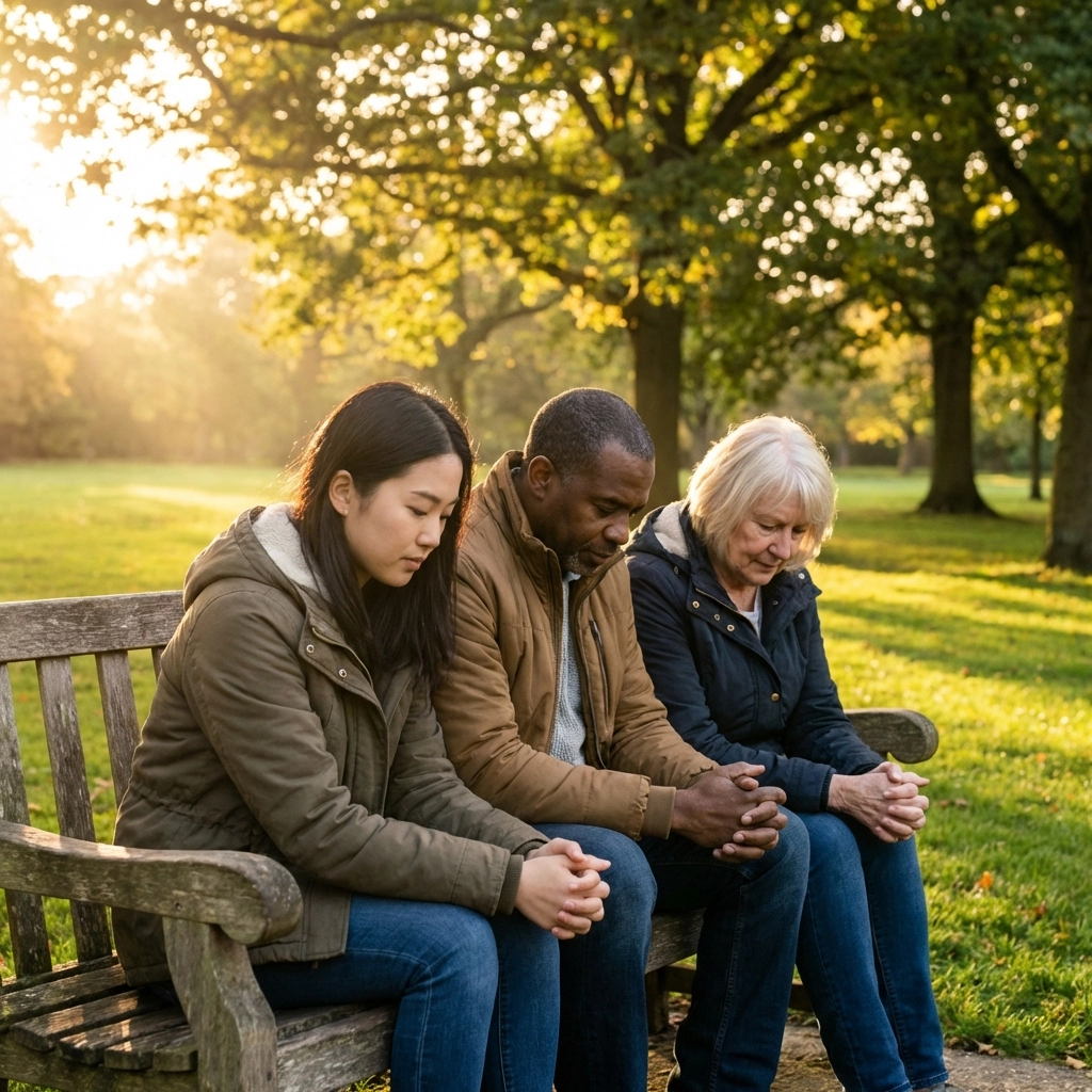 Three diverse friends praying together on a park bench in golden sunlight, illustrating community support in faith.