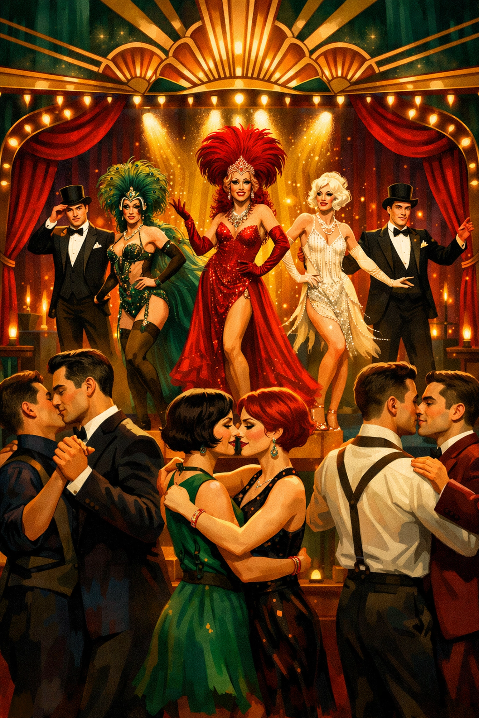 Berlin cabaret interior with drag performers and gay men dancing in 1920s queer nightlife