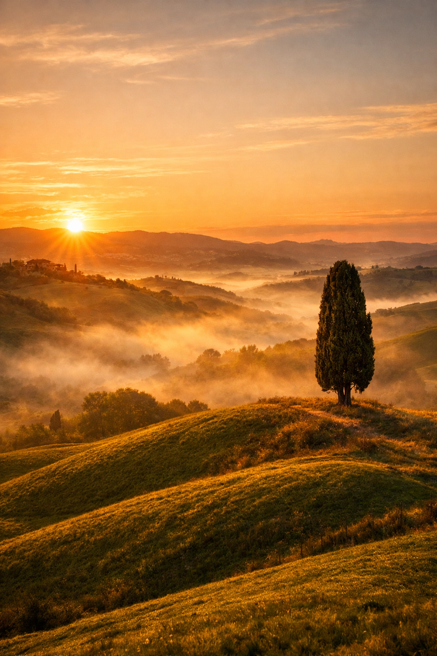 Rolling green hills at golden hour illustrating perfect light in landscape photography.