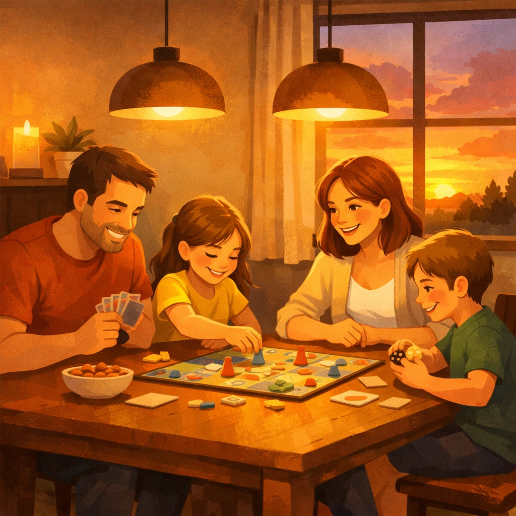 Christian family enjoying screen-free time together playing board games at dinner table