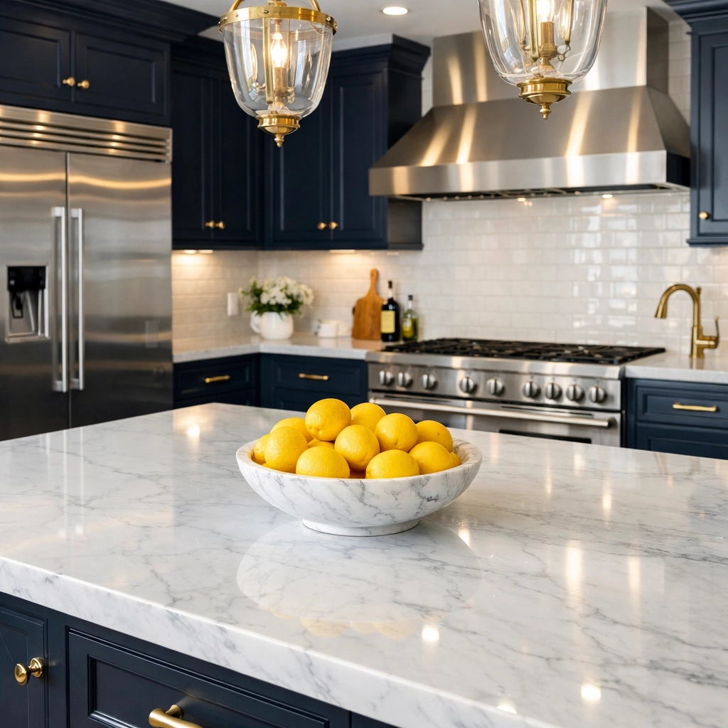 Immaculate luxury kitchen with marble countertops highlighting professional luxury house cleaning in Newton MA.
