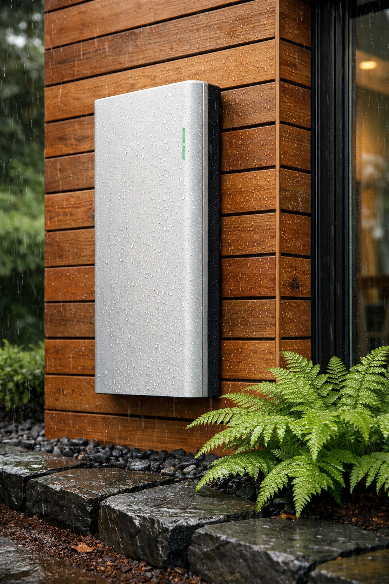 Weather-resistant slim solar battery unit installed on a contemporary cedar-clad exterior wall.