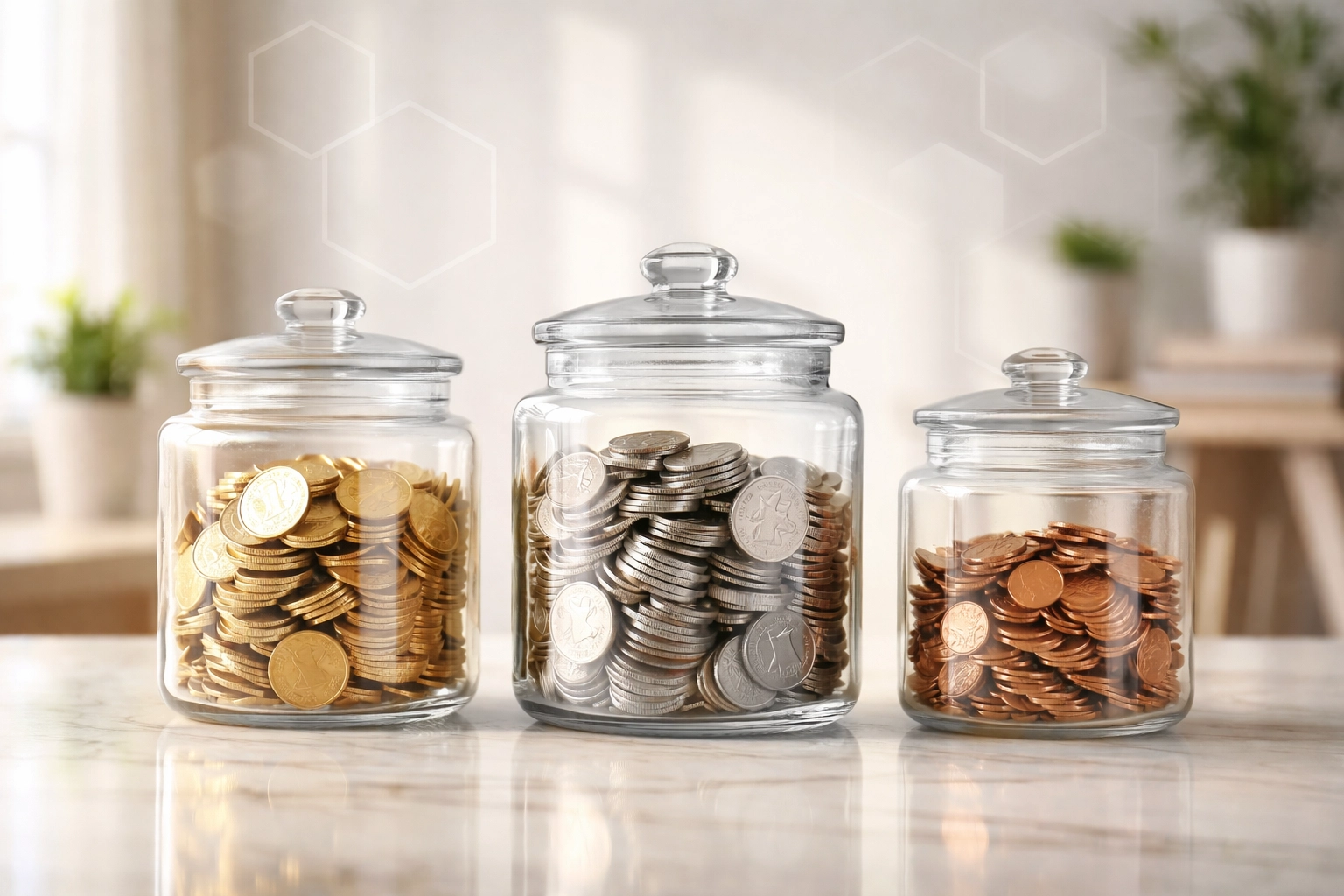 Three glass jars with gold, silver, and copper coins illustrating diversified retirement account types