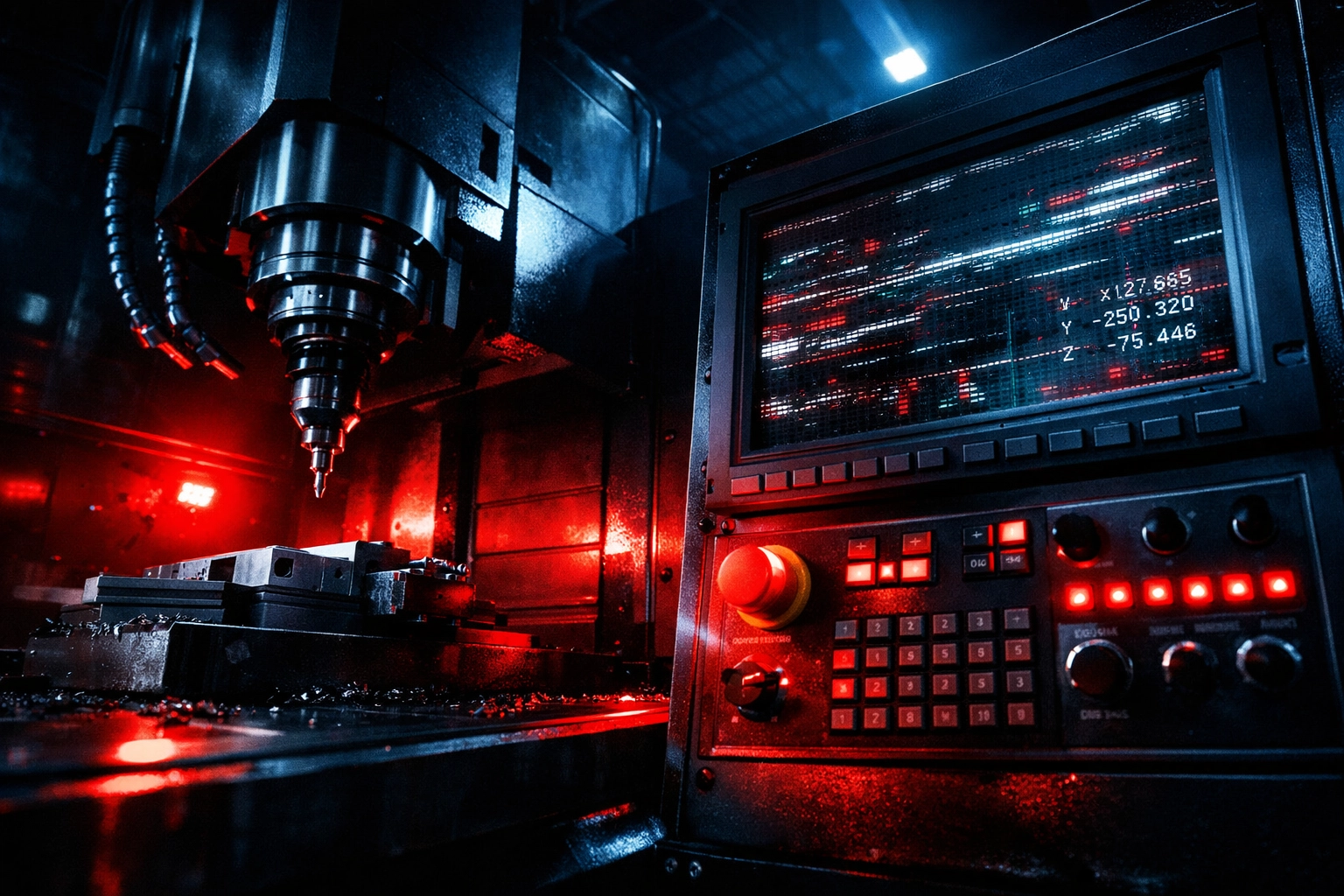 CNC machine with ransomware security threat warning on control panel in manufacturing facility