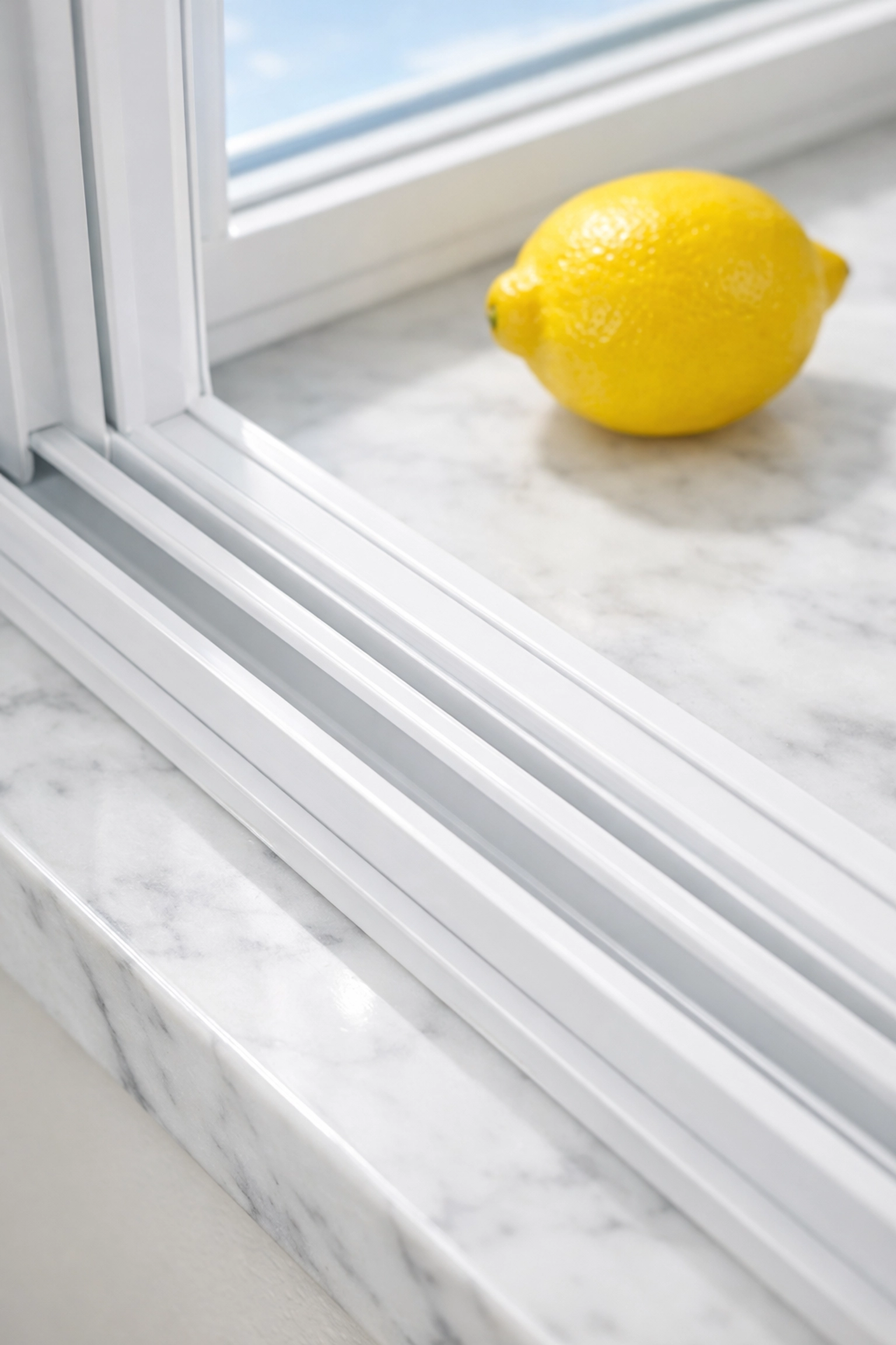 Dust-free window tracks and marble sill illustrating professional deep cleaning micro-detailing.