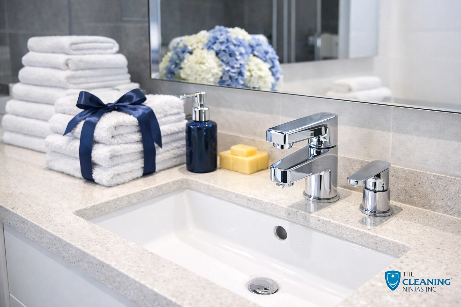 Close-up of a sanitized bathroom vanity showcasing professional cleaning and high-end maintenance.