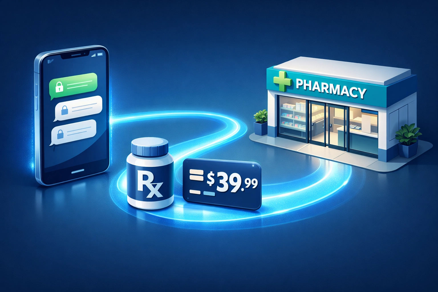 Digital path from secure text-based doctor consultation to pharmacy for a $39.99 weight loss prescription.