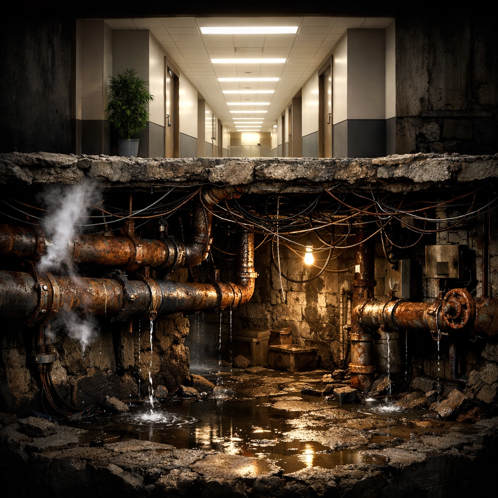 Rusted leaking pipes and old electrical wiring in a basement below a modern office building.