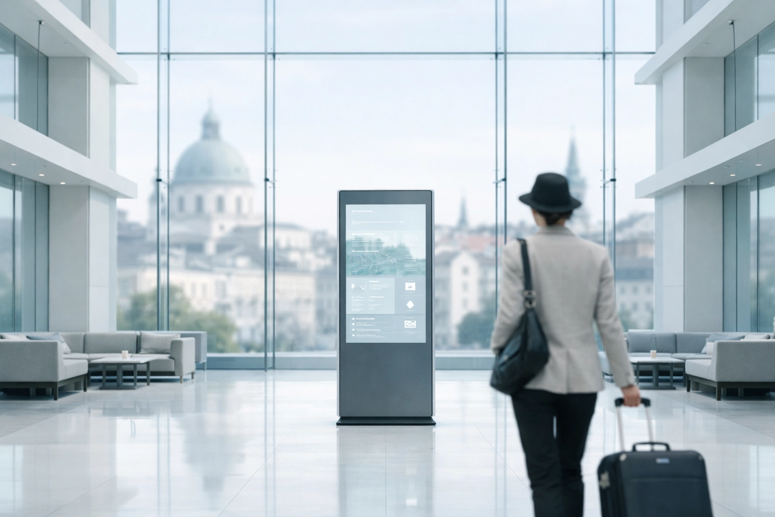 Modern smart hotel atrium featuring digital information systems for real-time geolocation.