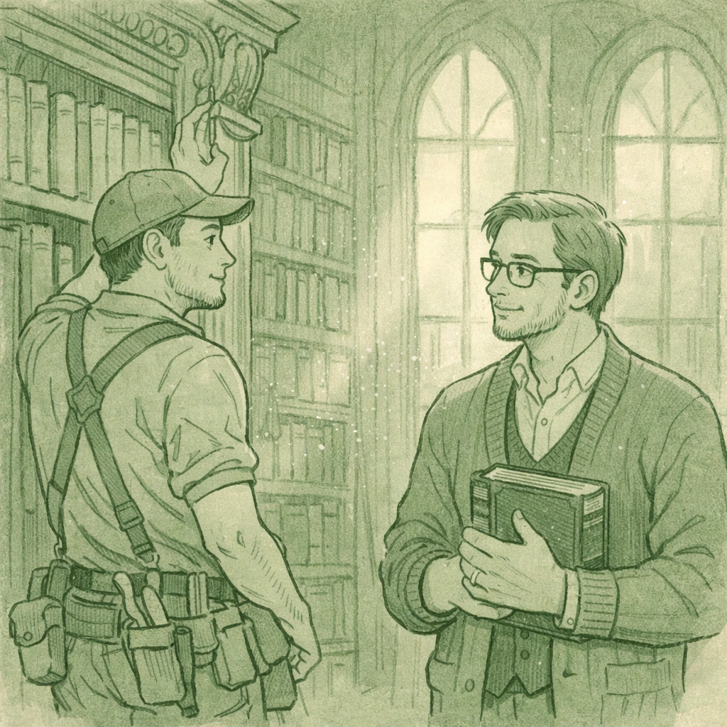 Librarian and maintenance worker meet in historic library - MM romance workplace setting
