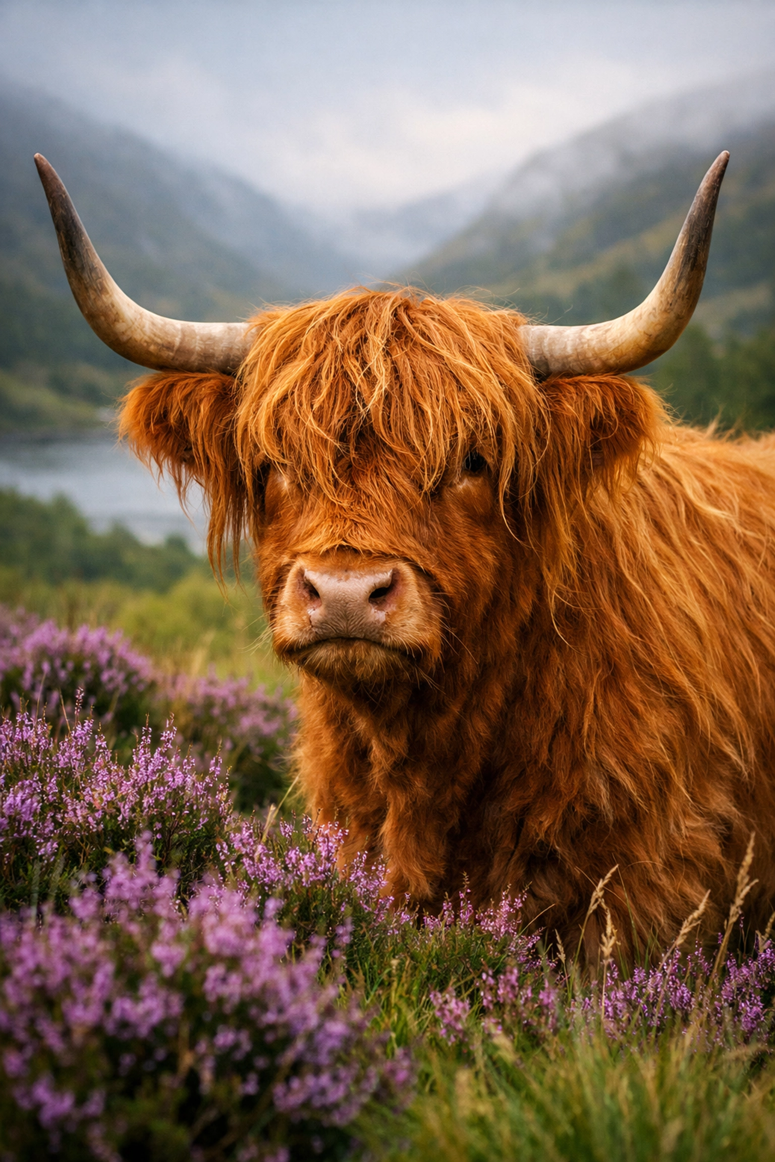 An iconic ginger Highland cow standing in a field of purple heather in a Scottish glen.