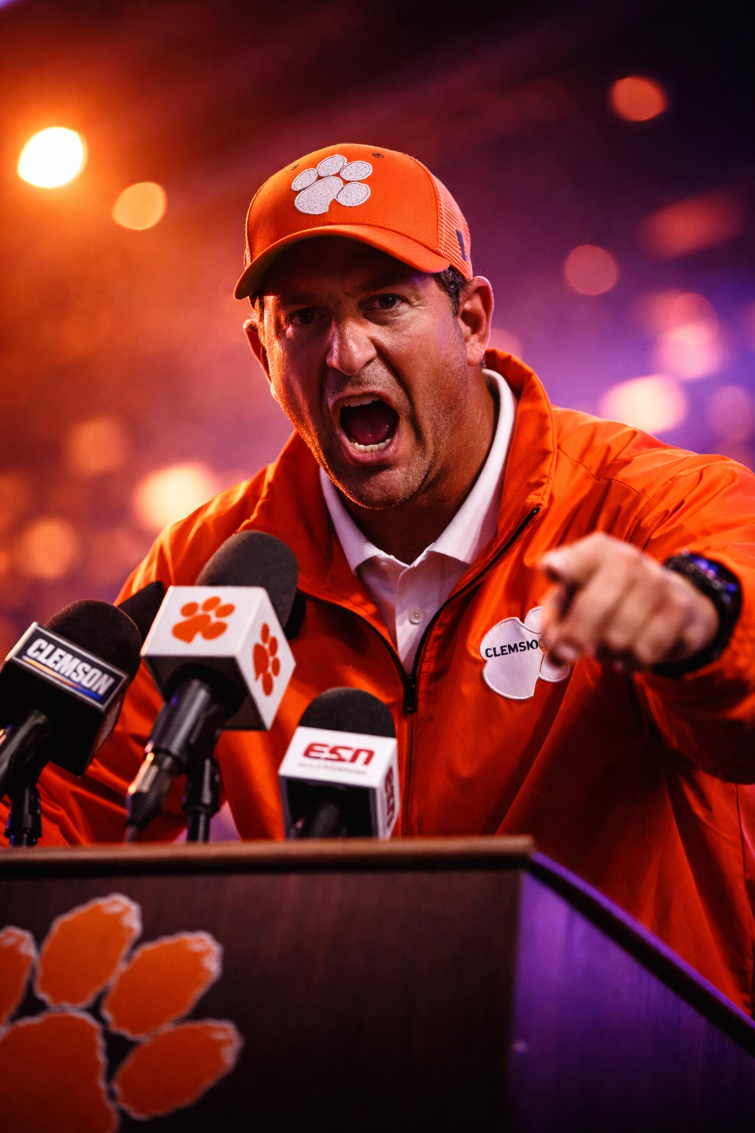 Football coach at an emotional press conference, highlighting Dabo Swinney's response to Ole Miss tampering claims.