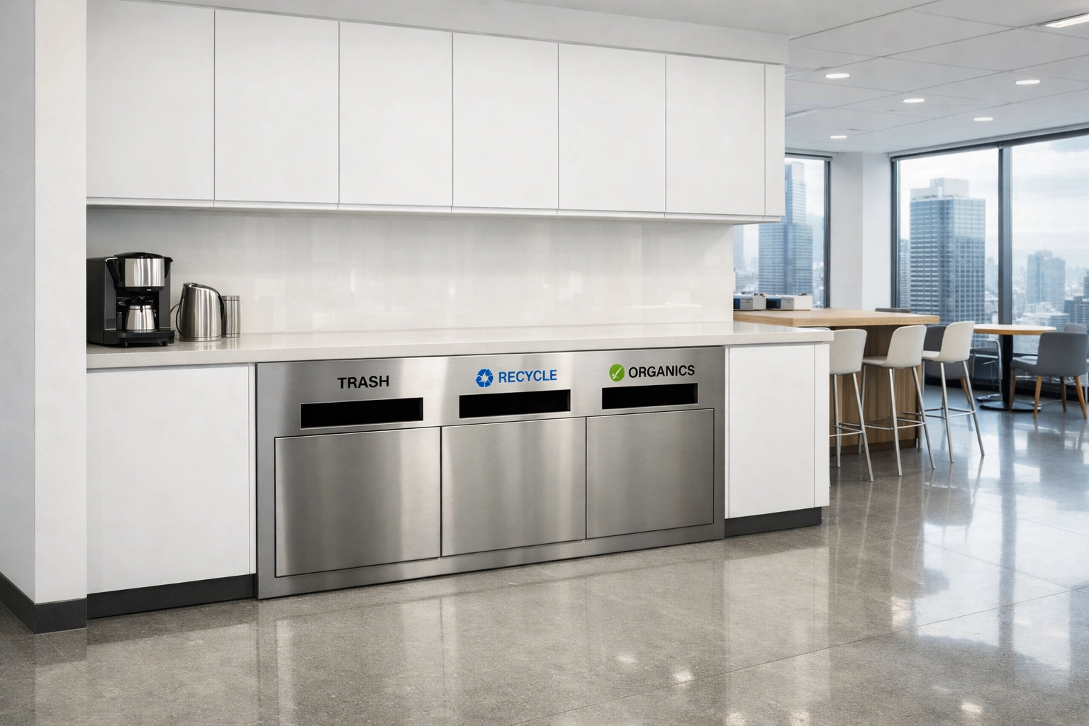 Immaculate Detroit office breakroom with clean recycling bins and polished floors reflecting high sanitary standards.