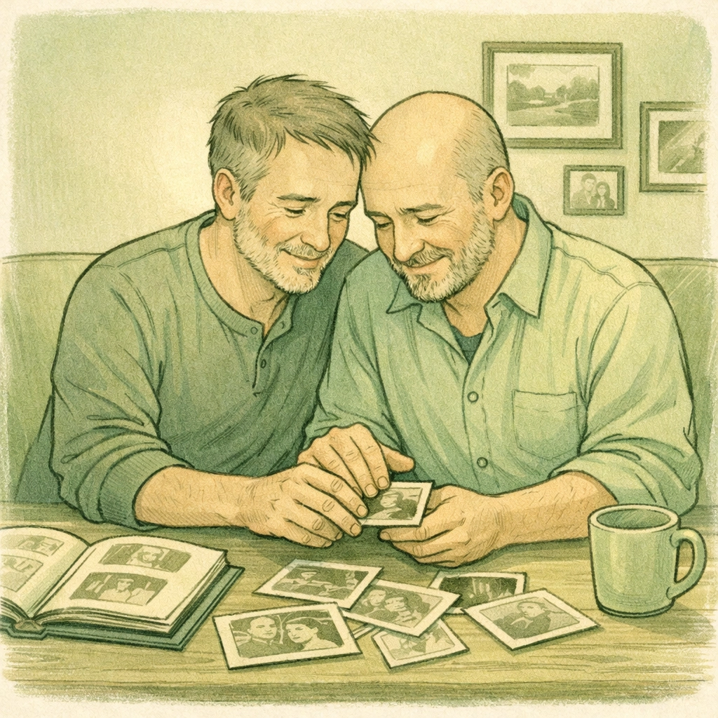 Gay couple reminiscing over photographs - MM romance and marriage equality story