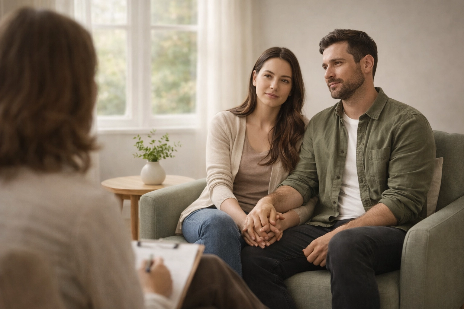 Two therapy chairs in peaceful counseling room for in-person couples therapy sessions