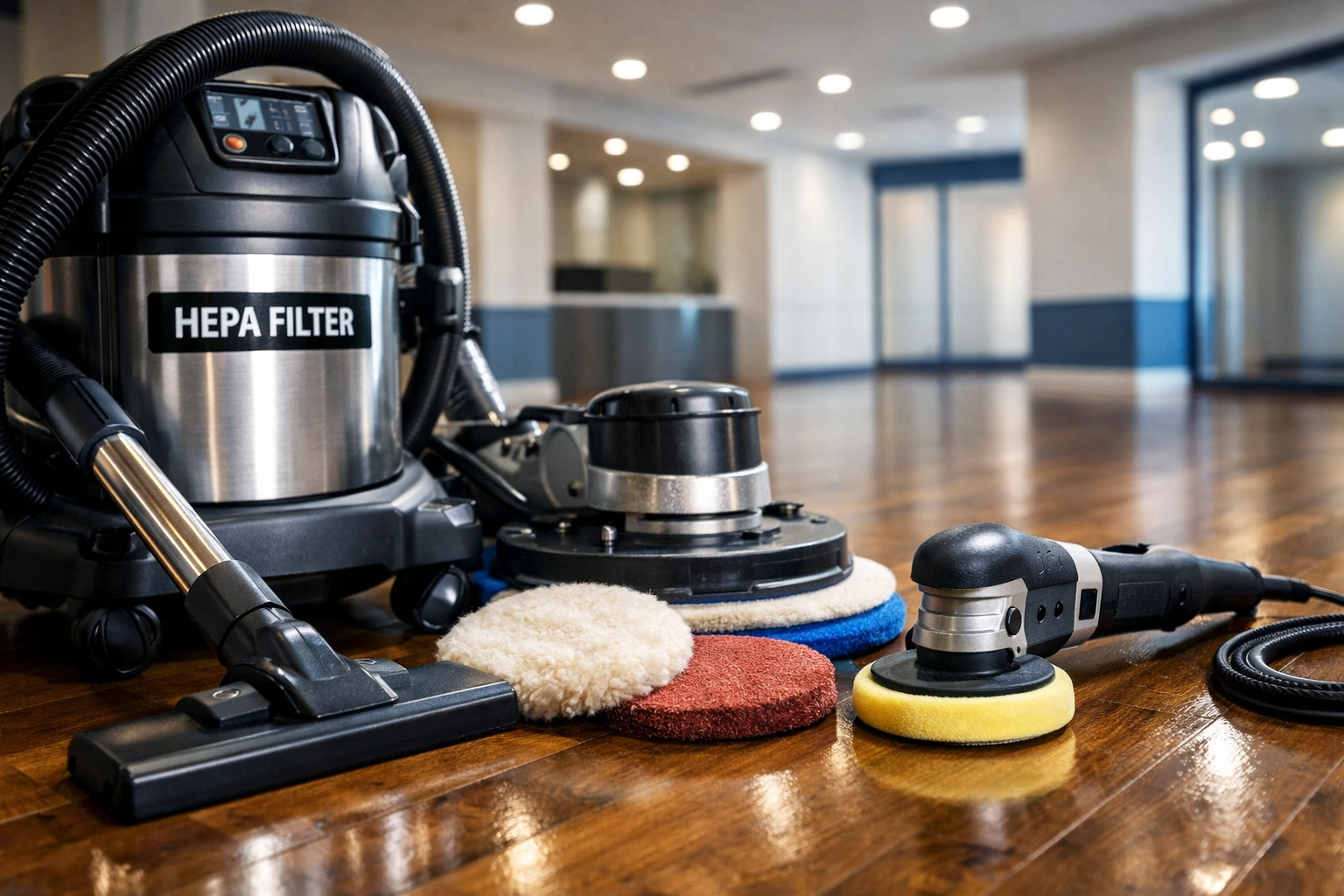 Professional post-construction cleaning equipment on a pristine floor for janitorial services Massachusetts.