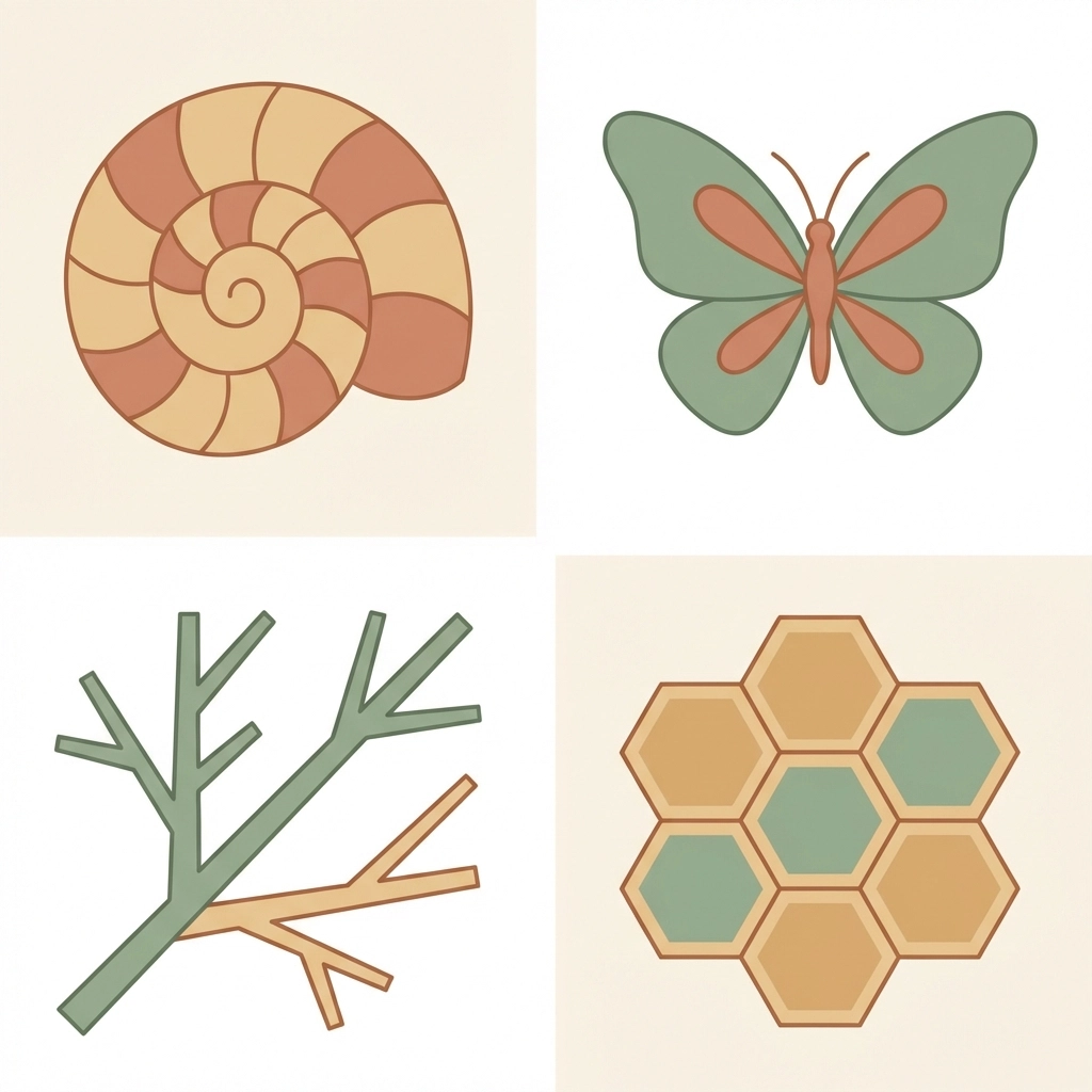 Nature patterns on the farm including spiral shells, symmetrical butterfly wings, branching tree limbs, and honeycomb grids