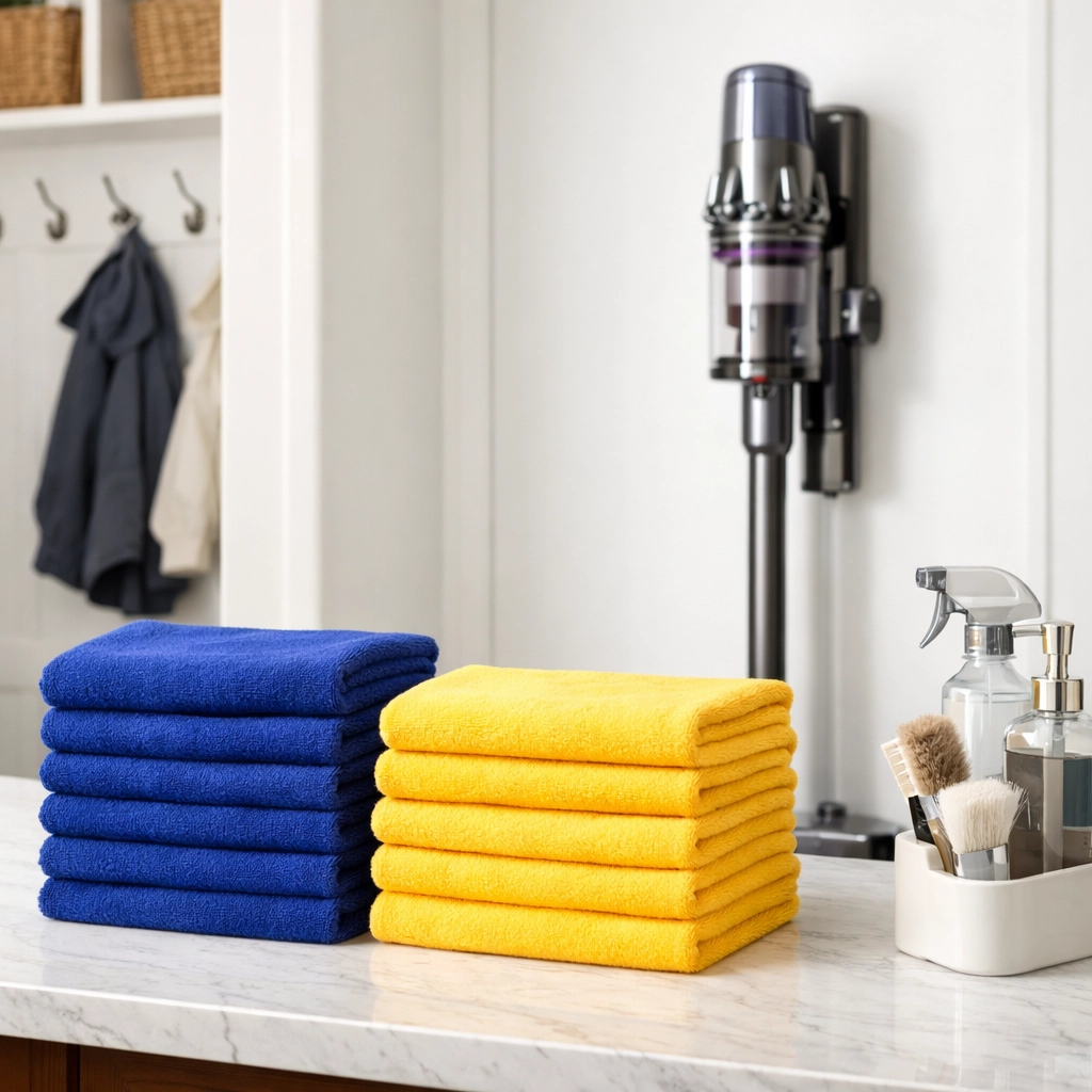 Clean microfiber towels and professional tools for luxury house cleaning Wellesley MA.