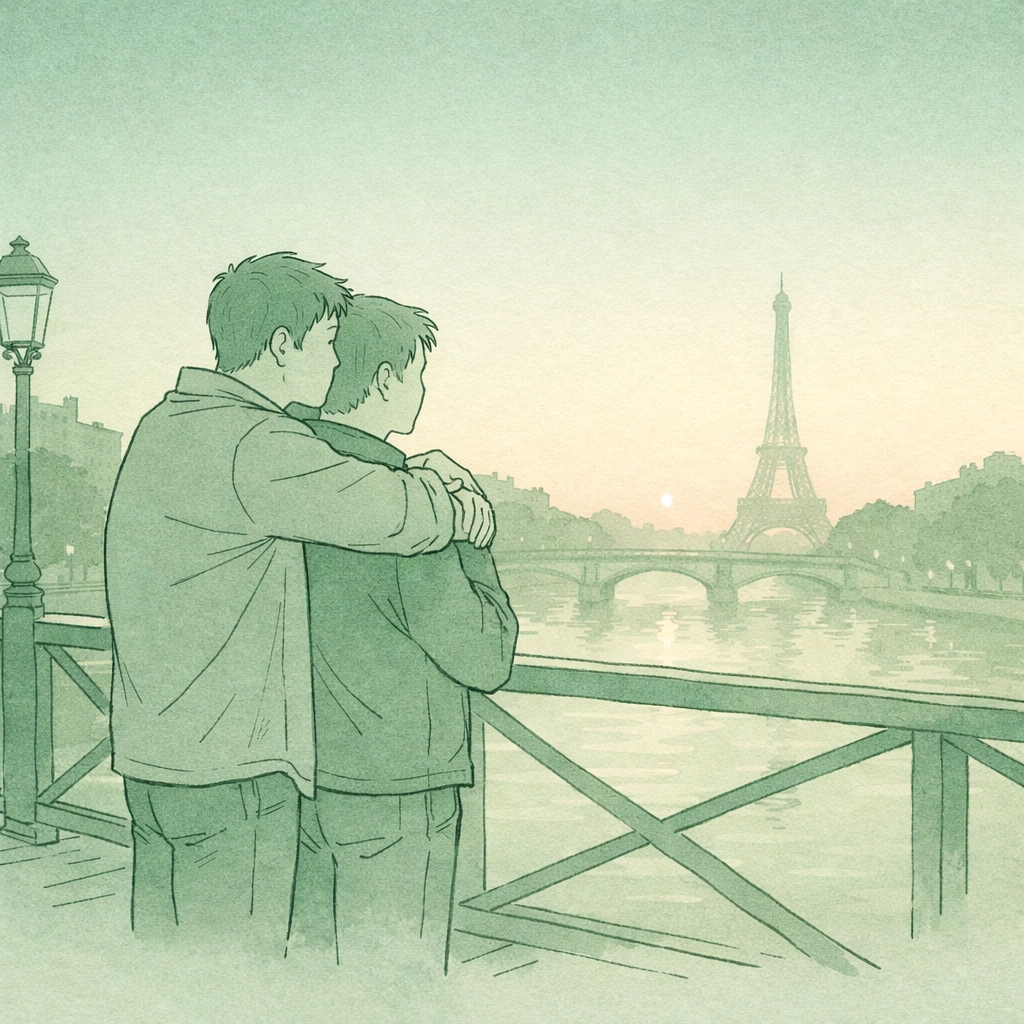 Two men embracing on Pont des Arts bridge with Eiffel Tower at dawn - Valentine's Paris romance