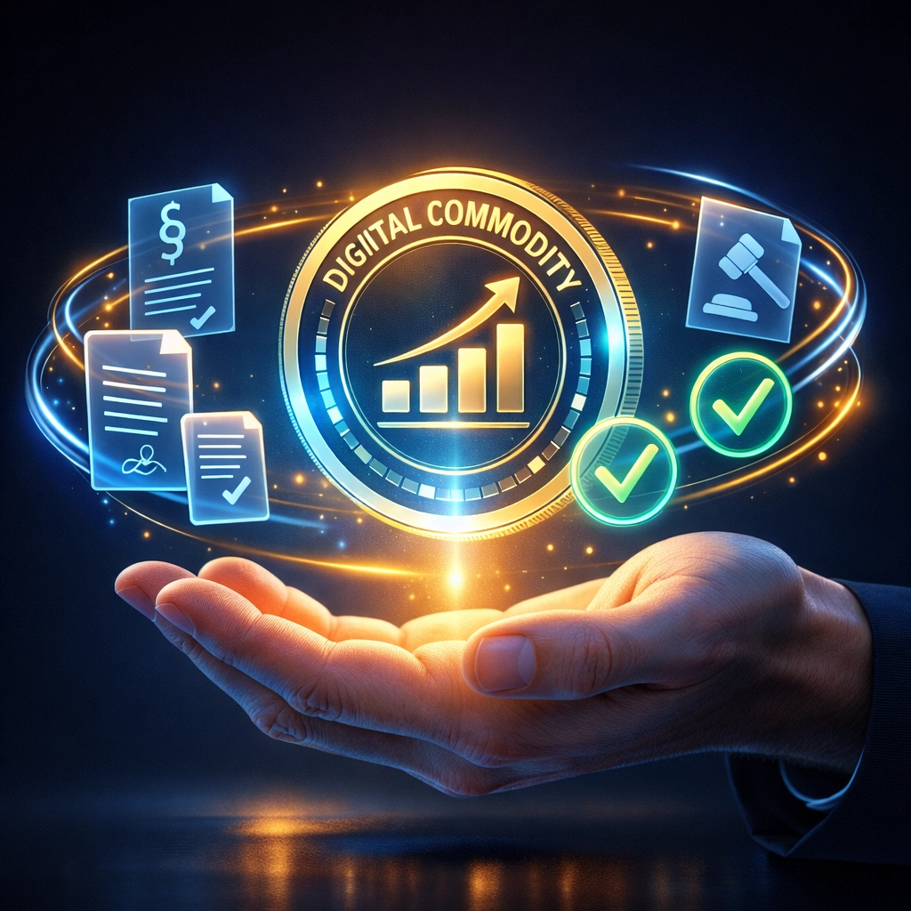 Digital commodity token with regulatory compliance checkmarks and legal documentation