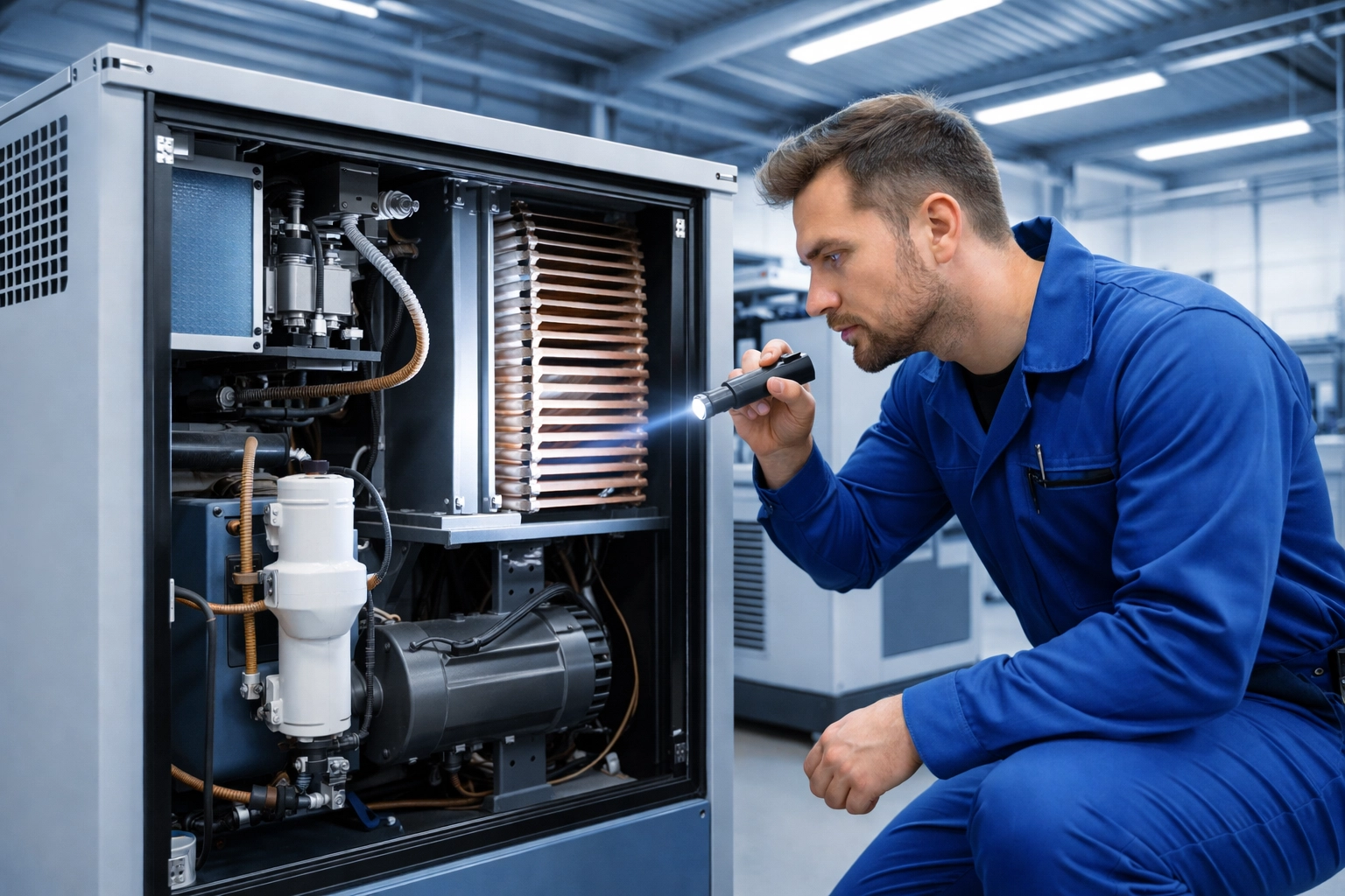 Technician inspecting an industrial refrigerated air dryer and screw air compressor for dew point maintenance in a modern factory