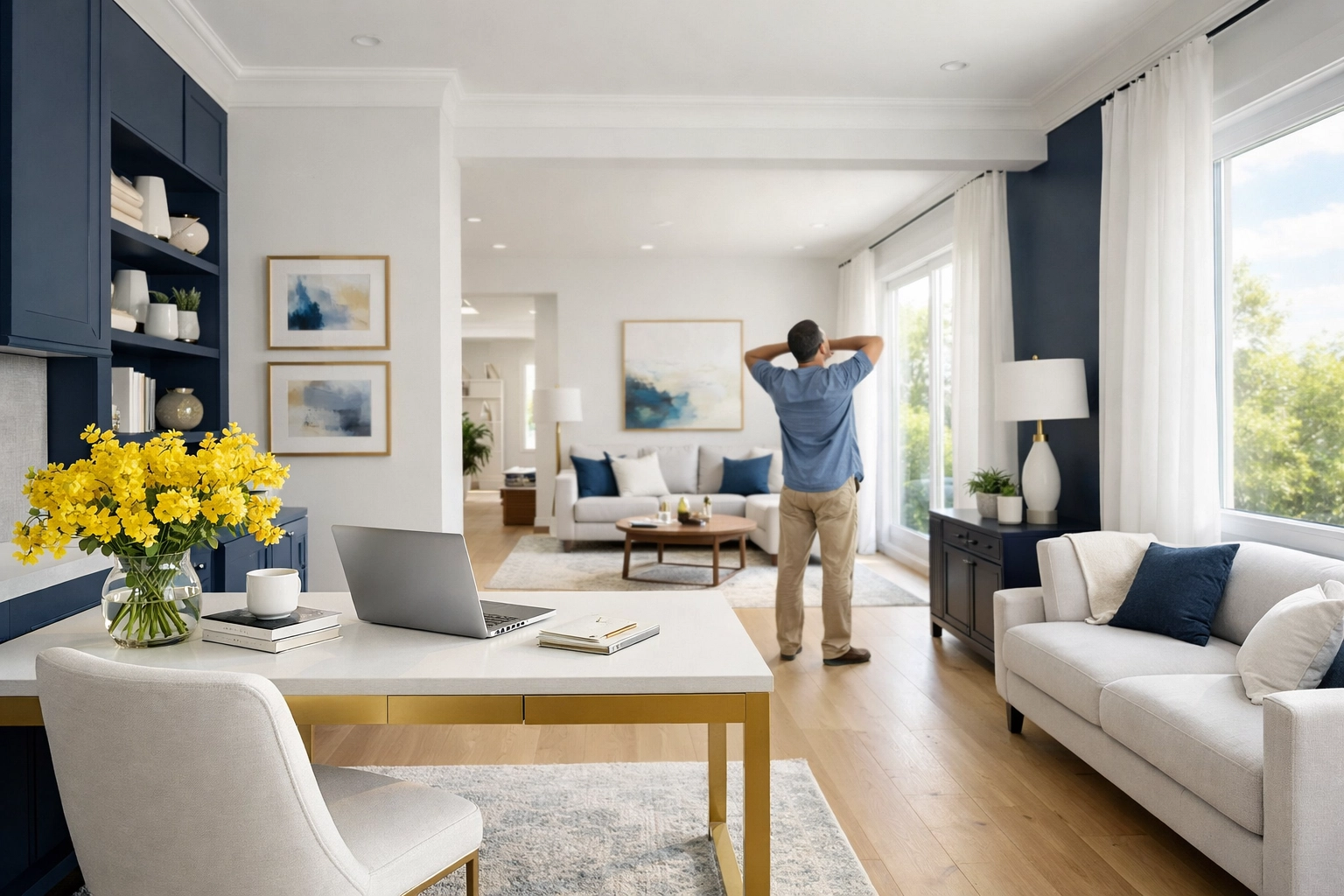 Sunlit living room with fresh air following an eco-friendly house cleaning Natick MA session.