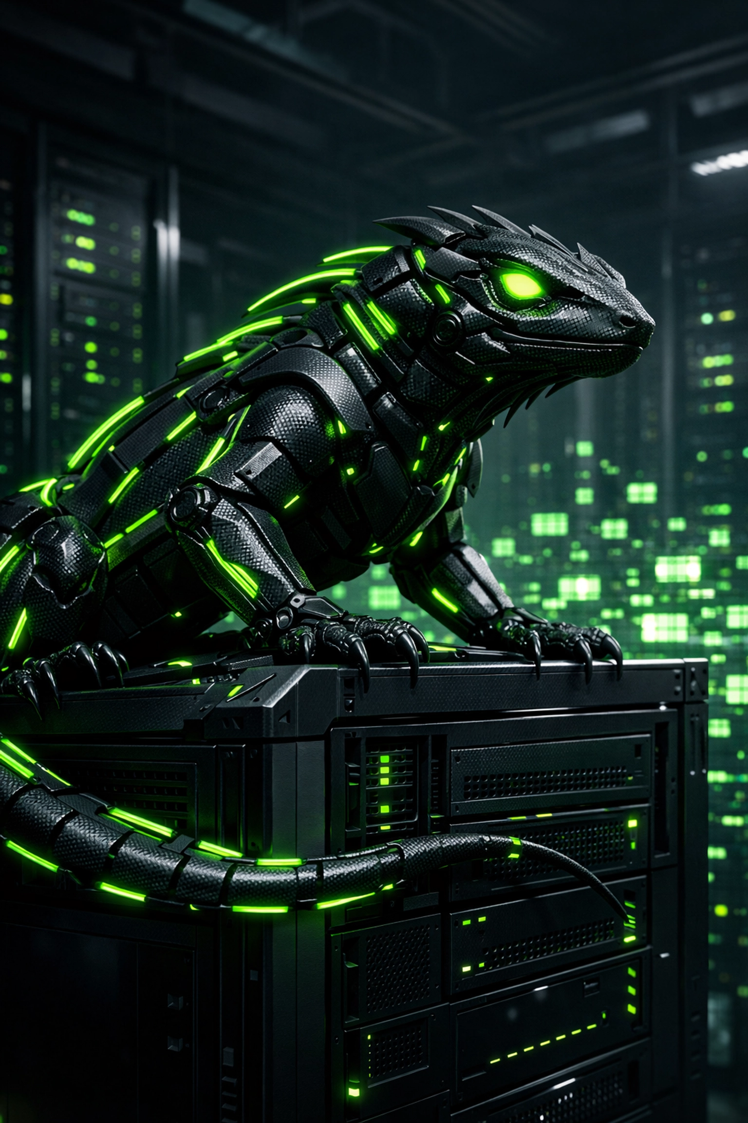 Cybernetic mascot monitoring data servers for the Towzilla towing directory platform.