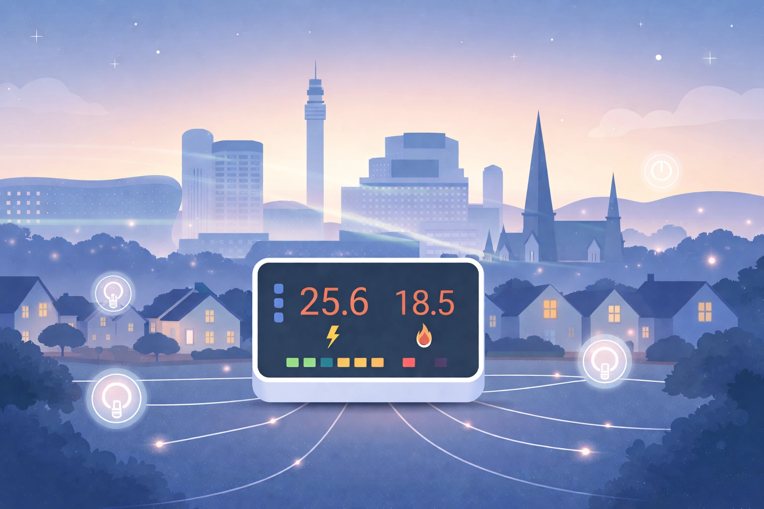 Flat art image of Birmingham city skyline at dusk with a smart energy meter, symbolizing regional energy efficiency.