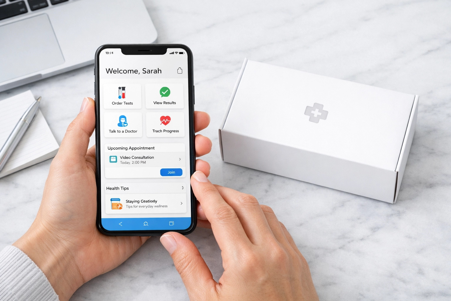 Smartphone app and medication delivery box for professional telemedicine weight loss services.