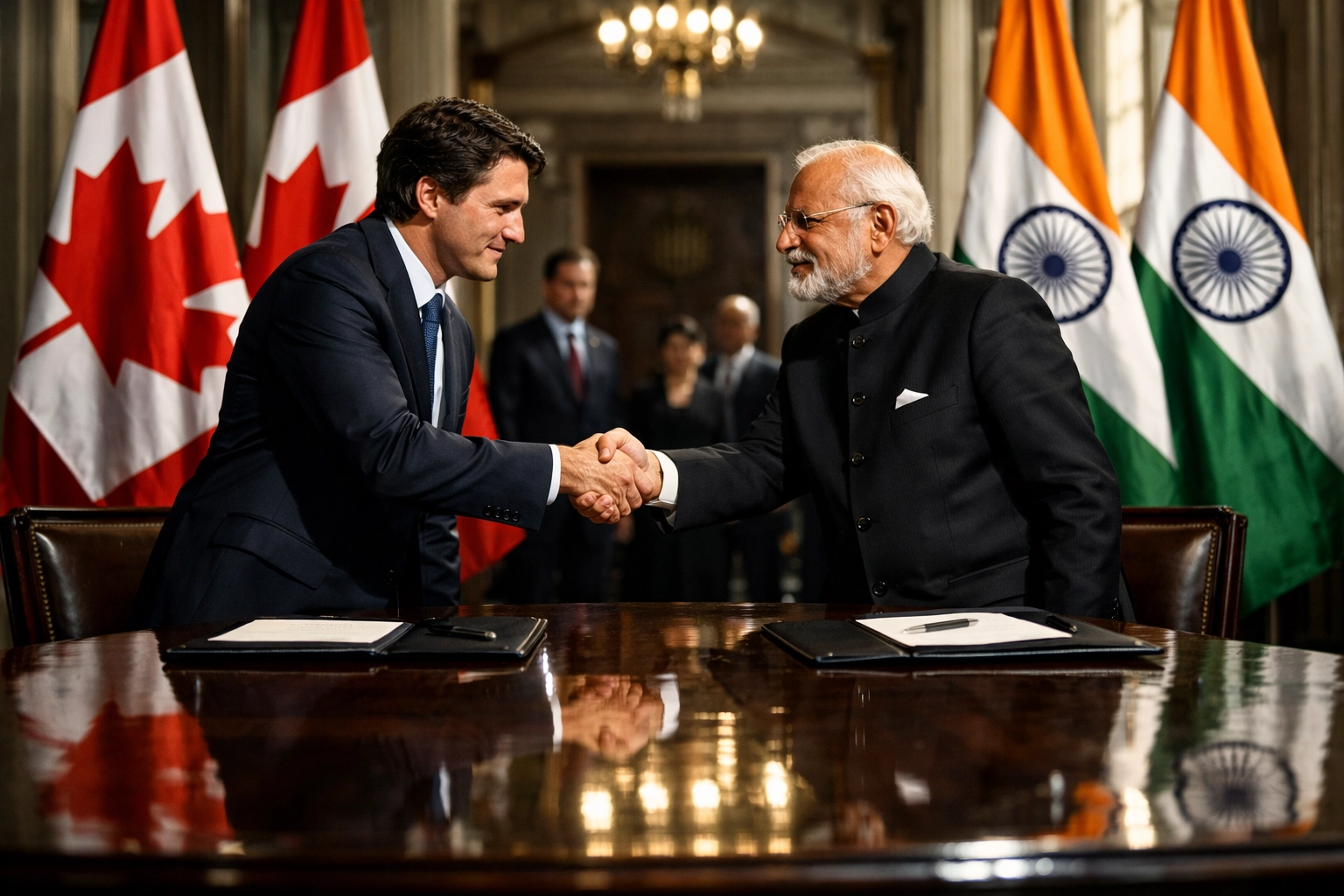 Canadian and Indian leaders shake hands at the signing of the $2.6-billion uranium supply agreement.