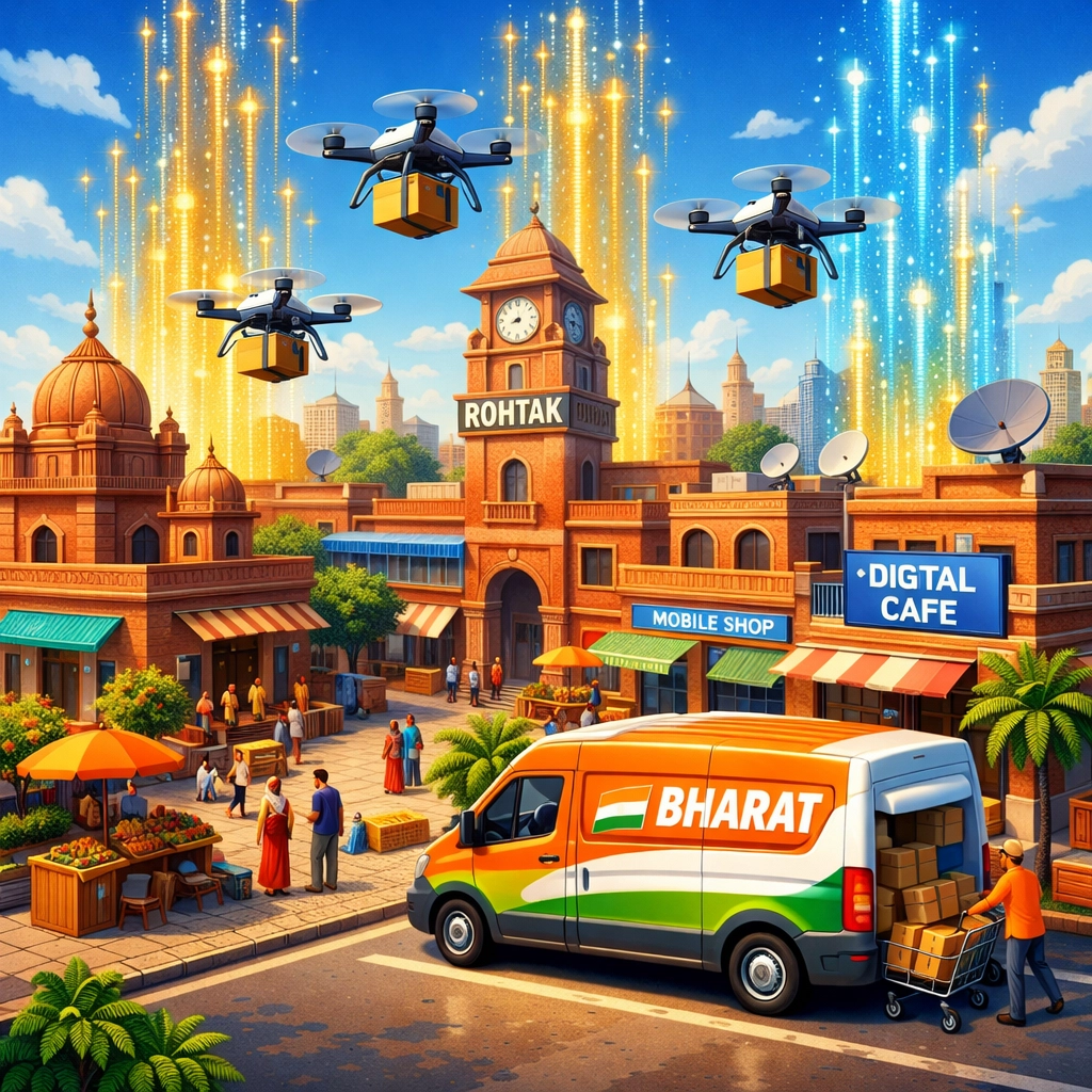Smart delivery drones and logistics infrastructure in Rohtak during the Bharat e-commerce explosion.