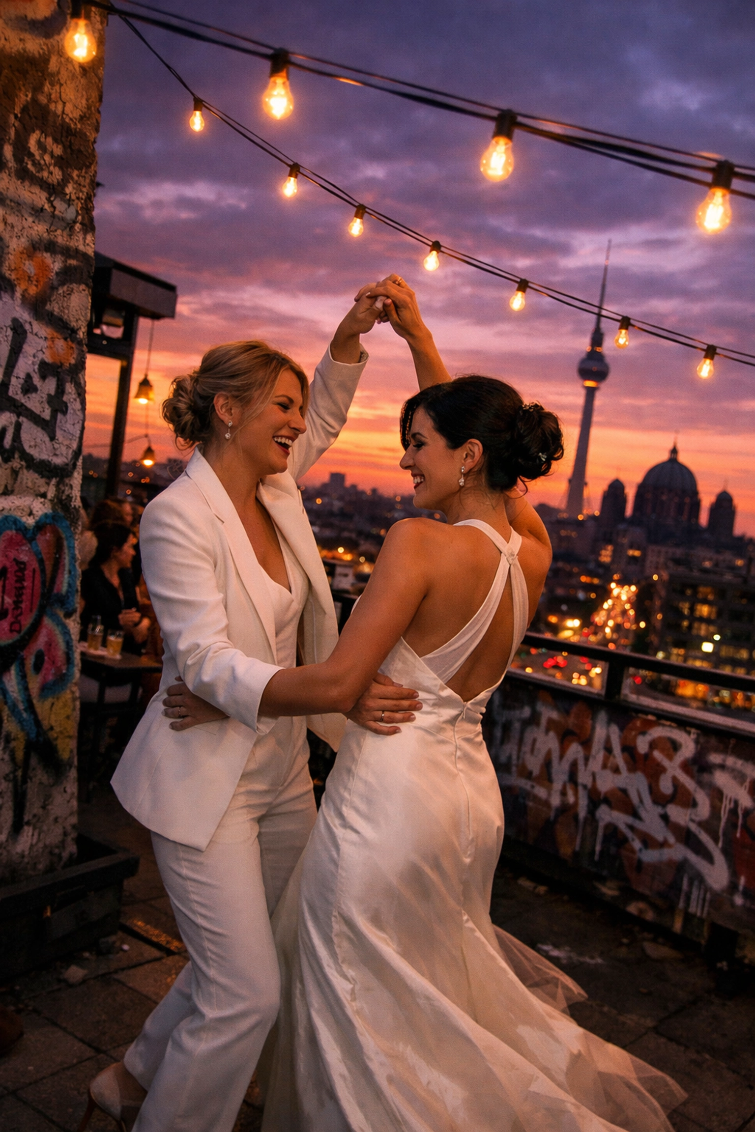 Two brides dancing together on Berlin rooftop bar at sunset during wedding celebration