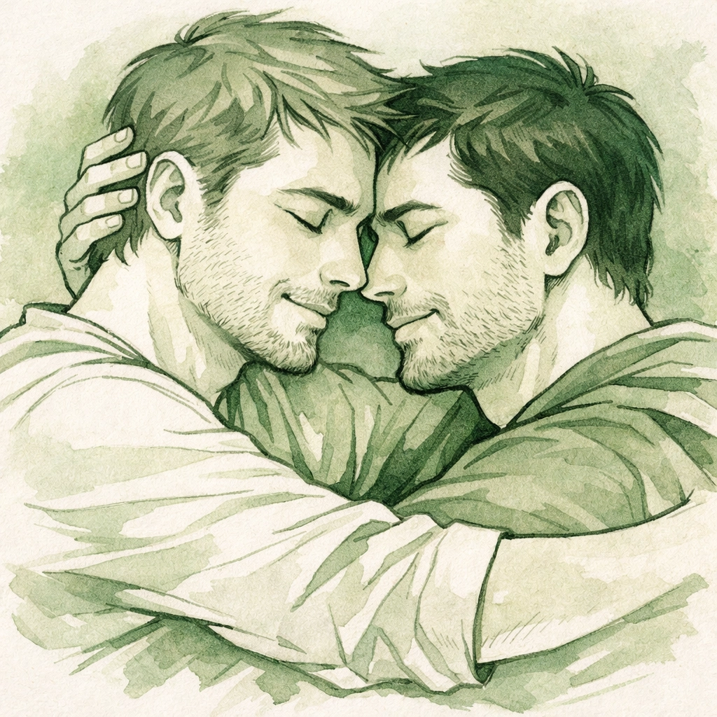 Heartfelt illustration of two men embracing, representing deep emotional bonds in asexual gay love stories.