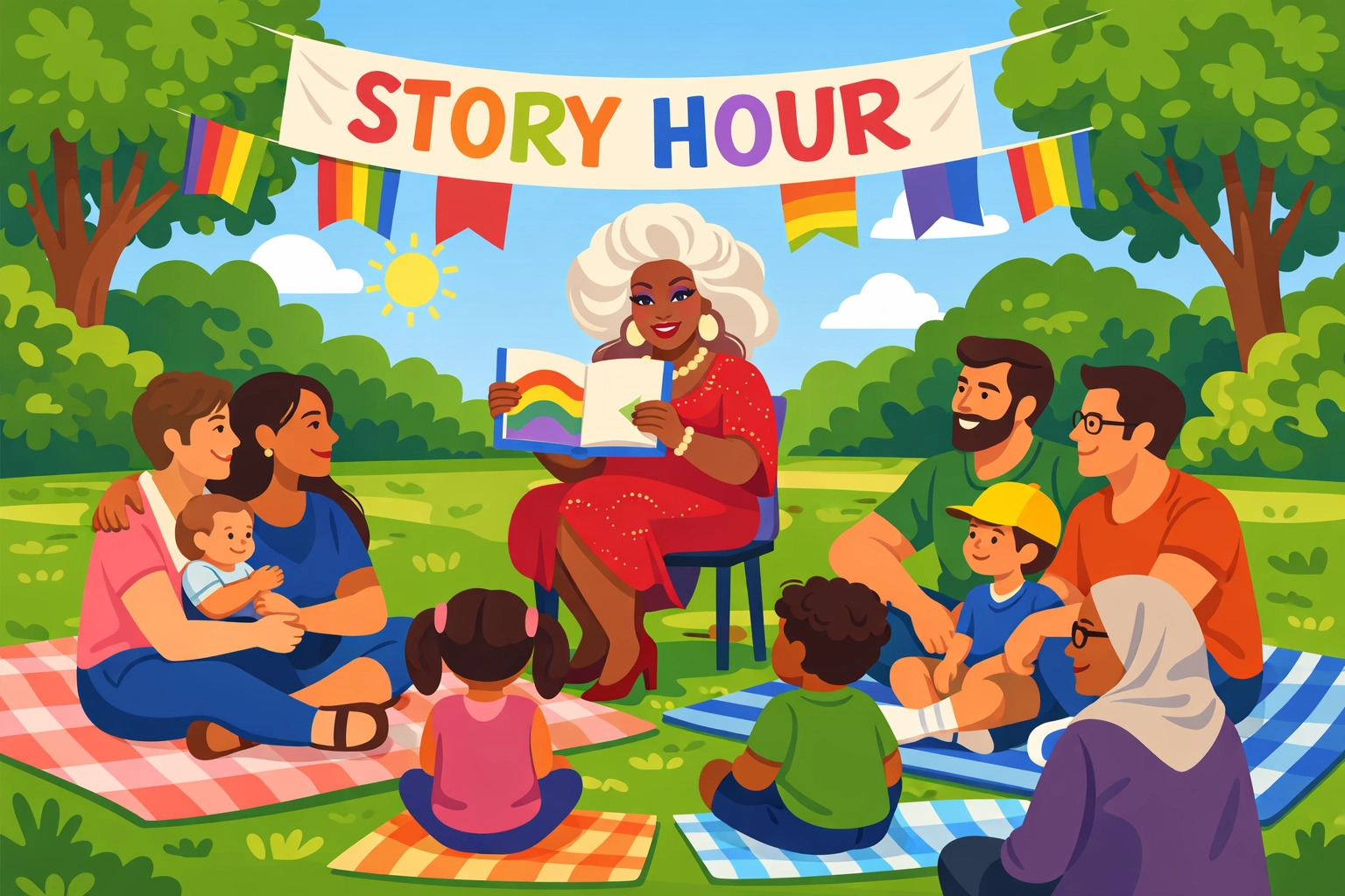 Diverse LGBTQ+ families gathered in a sunny park for an inclusive community story hour event.